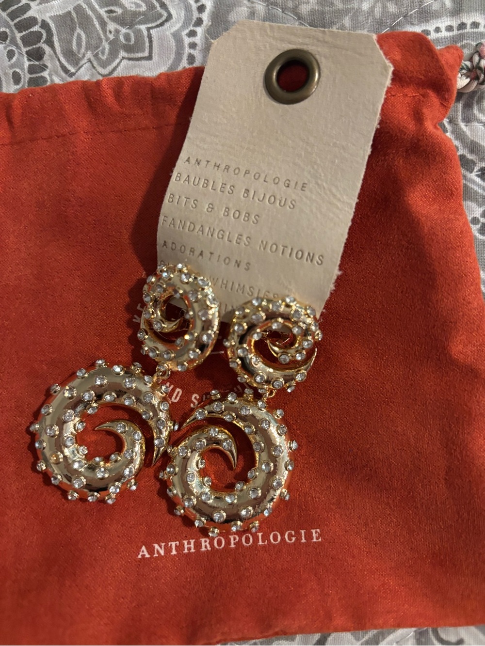 Anthropologie Gold Spiral Crystal Drop Earrings with Clear Rhinestones